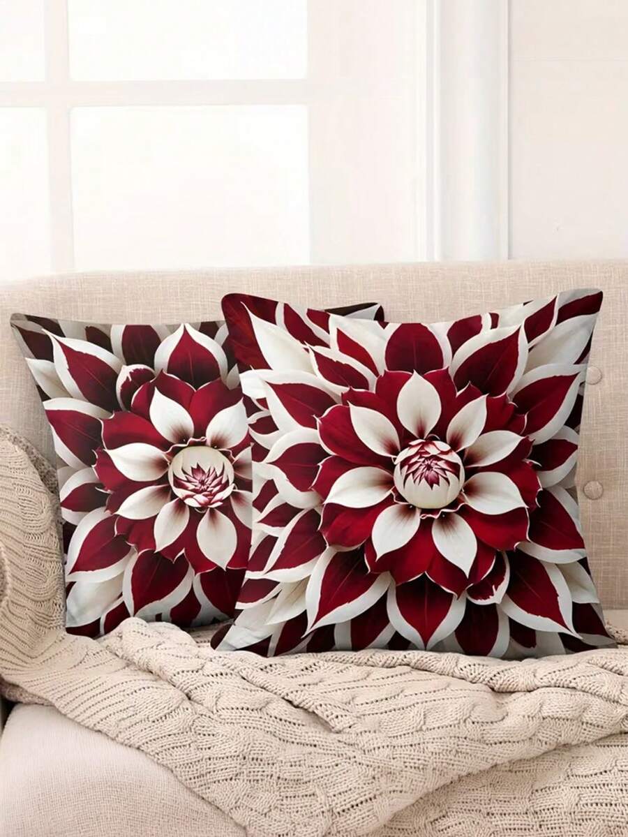 Juego de 1/2/4 fundas de almohada con estampado plano 2D para primavera/verano, con patrones florales en contraste de color burdeos y tonos. Sin bordado real, con impresión de un solo lado, sin rellenos de almohada incluidos. Adecuado para sofá y sala de estar - Rojo y blanco - Ver 1
