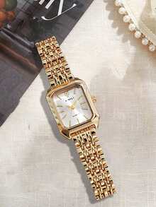 1pc Women's Gold Multi-Row Steel Band Square Watch, White Dial With Bar Index Markers, Luxury Business Quartz Wristwatch, Suitable For Daily Commute, Holiday Gift - Gold - View 3