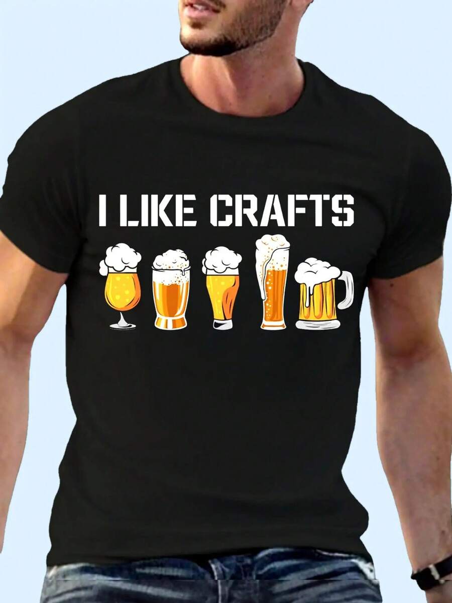 Camiseta de hombre con estampado de cerveza, adecuada para uso al aire libre, cómoda camiseta de manga corta con cuello redondo, apta tanto para hombres como para mujeres, para todas las est - Negro - Ver 1