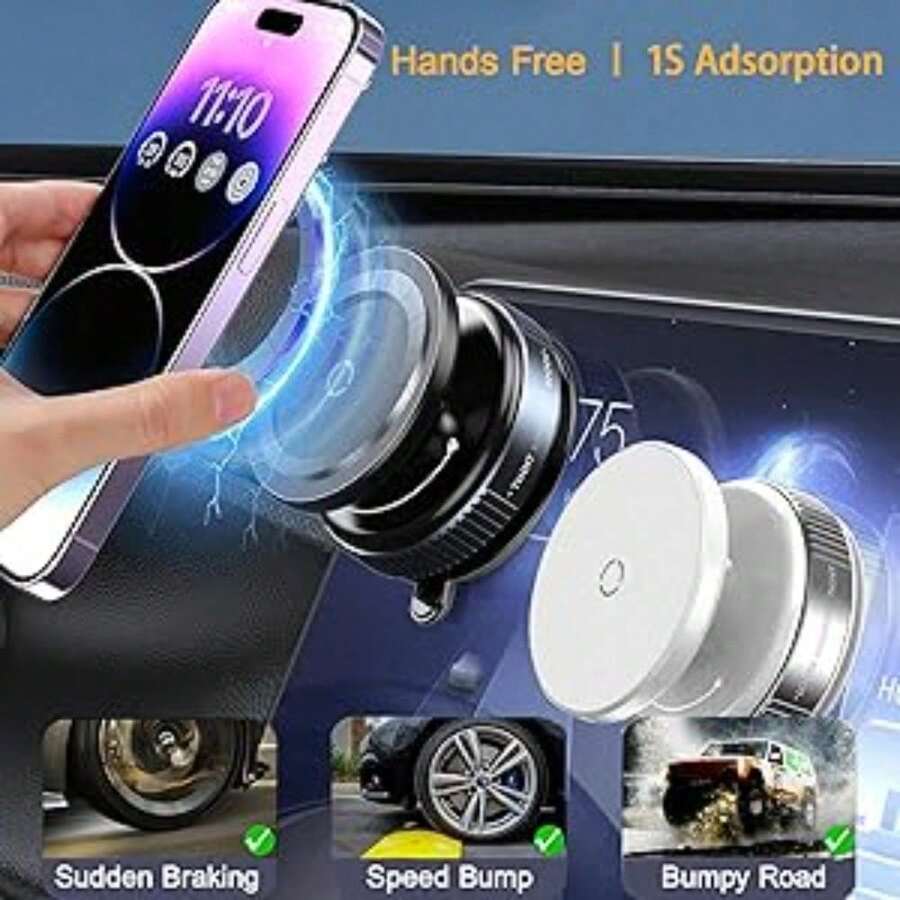 Car Phone Holder, A Vacuum Suction Cup Phone Holder Rotates 360°, Featuring A Magnetic Double-Sided Suction Cup, No Adhesive, Retractable And Foldable, Suitable For Both Car And Home Use, Providing Optimal Magnetic Ring Performance, , Car Accessories - 白色和黑色 - 查看 1