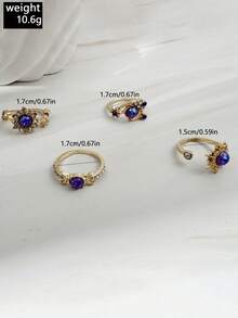 imoli 4pcs/Set Bohemian Beach Vacation Sun Moon Star Purple Faux Gemstone Sun Rhinestone Faux Amethyst Open Ring Set Stackable Rings, Perfect Gift For Travel, Friends And Besties - 32755-ring-purple-eP - View 5