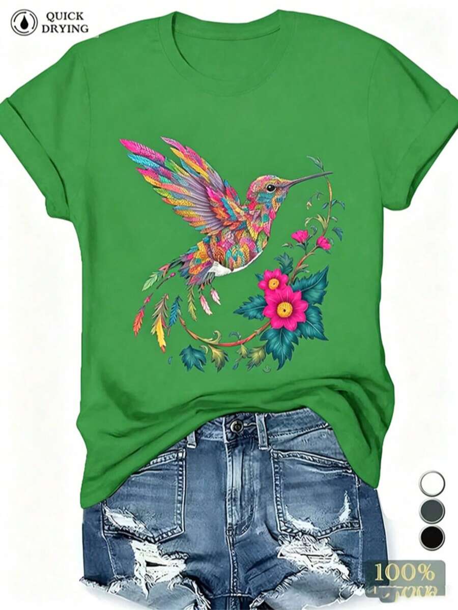 Women's Green Cotton Casual T-Shirt With Colorful Hummingbird & Floral Applique, Round Neck Short Sleeve Top, Medium Stretch Regular Fit - 綠色 - 查看 1