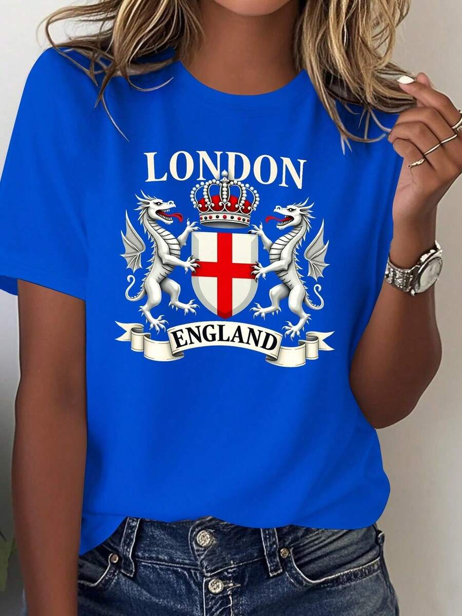 Women's T-Shirt With The Coat Of Arms Of London, England - Casual T-Shirt With The Coat Of Arms Design Of England, Machine Washable British Clothing, Casual Blouse For Women. - 藍色的 - 查看 1