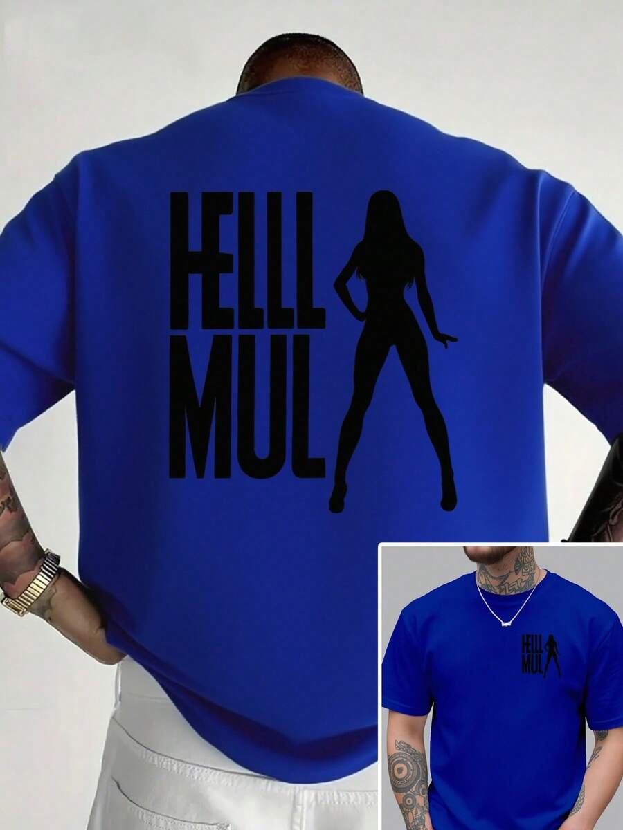 MUL, Silhouette With Double-Sided Print On The Front And Back, New Men's Crew Neck T-Shirt, Fashionable Casual And Sporty Loose Top, Short Sleeve T-Shirt - 黑色 - 查看 1
