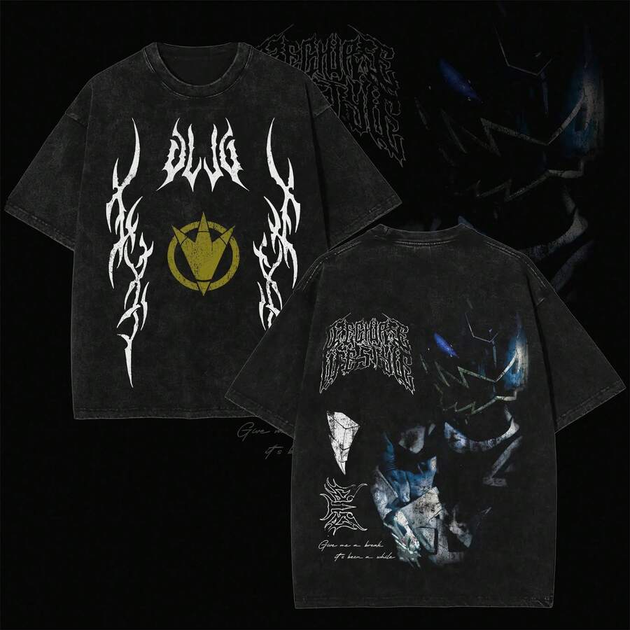 Legend Ranger Black Dino Thunder Vintage Washed T-Shirt - Brachio Hero Graphic Tee - 230G, Urban Grunge Style, Cosplay - Black - View 1