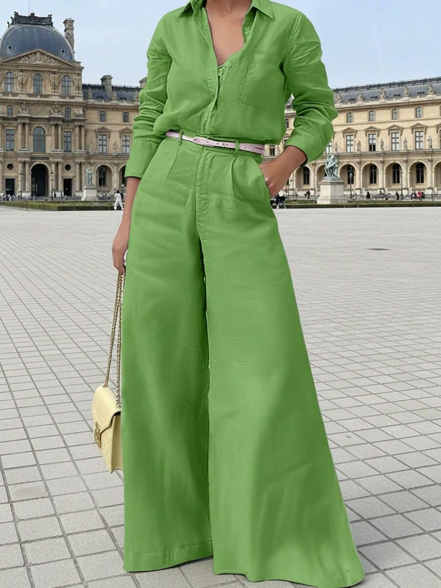 Conjunto casual de verano para mujer, ligero y delgado, incluye camisa tipo cárdigan + pantalones de pierna ancha con bolsillos, diseño de cintura elástica, sin cinturón, adecuado para vacac - Verde - Ver 1