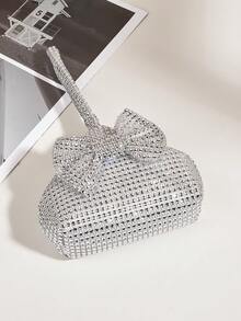 Mini Mine Bag Bowknot Rhinestone Decor Small Handbag Elegant Lady Hand-Carry Bag - Silver - View 4