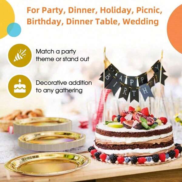 5pcs Gold Paper Plates, Party Paper Plates, Disposable Party Tableware, Birthday Decoration Plates, 7 Inch And 9 Inch, Suitable For Cakes, Desserts, Salads, Burgers, Sandwiches, Sushi, Fruits, Snacks, Baking Supplies, Perfect For Birthday Parties, Weddings, Theme Parties, Bridal Showers, Graduation Parties