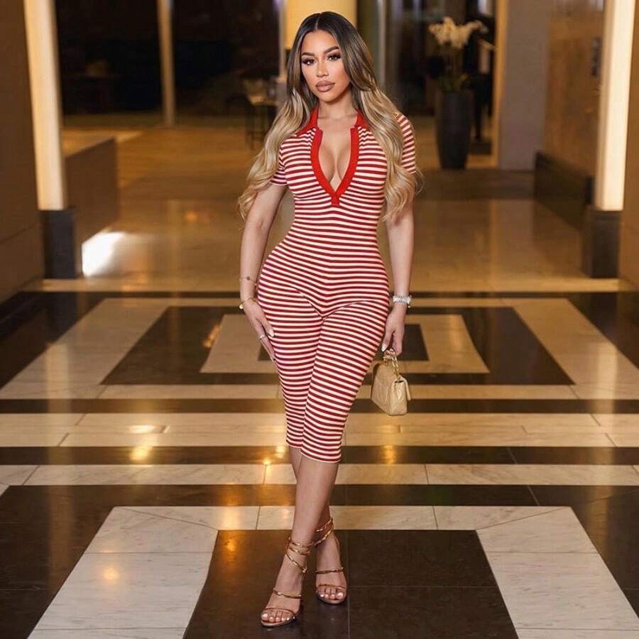 Red Striped Lapel Short Sleeve Skinny Jumpsuit For Work Tight-Fitted 7/8 Length Romper, A Hot-Girl Essential Rompers Rompers For Women Summer - 紅色 - 查看 1
