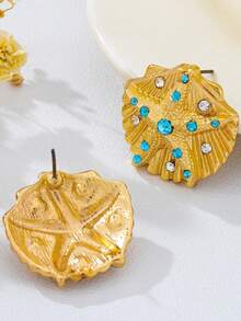 1 Pair Vintage Gilded Shell & Starfish Inlaid Blue Diamond Ocean Style Earrings - Mint Blue - View 3