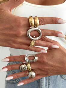 8pcs Bohemian Style Chunky Mixed Metal Rings, Stackable Gold And Silver Tone Personalized Rings, Suitable For Daily And Party Wear - Color Mixing - View 9