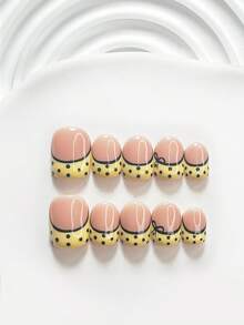 10片裝休閒百搭手工穿戴甲，Polygel美甲套組，蝴蝶結與波點設計，黑黃配色，清新風格，附美甲工具，3種尺寸可選，方型/短方型/杏仁型，適合派對、跳舞、日常配戴 - 彩色 - 查看 12