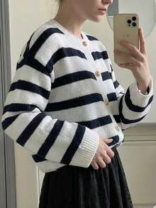 Women's Cardigan, Round Neck, Single-Breasted Button, Long Sleeve, Flared Sleeve, Commute, Minimalist, Contrast Color Striped, Loose, Lazy, Warm, Thick Knit Sweater, Autumn/Winter - White - View 6