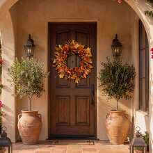 24 Inch Fall Wreath Pumpkin Wreath For Front Door With Maple Leaves Harvest Wreath For Door Window Porch Thanksgiving Halloween Decor Christmas Decorations Home Christmas Gifts Christmas Decor - Cherry laurel leaves - View 2