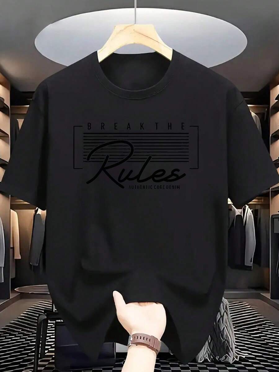 Camiseta de manga corta para hombre, moda de verano, con estampado de patrón de letras - Negro - Ver 1