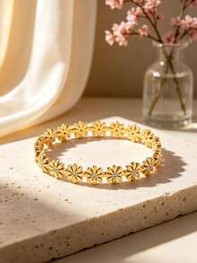 VceTd 1 Set Naturalistic Style Stainless Steel Jewelry Set For Women With Glass Decor Flower Elements, Includes Bracelet And Ring, Suitable For Fashionable Outfits Or Commuting, Perfect Holiday Gift For Female Friends - Yellow Gold - View 7