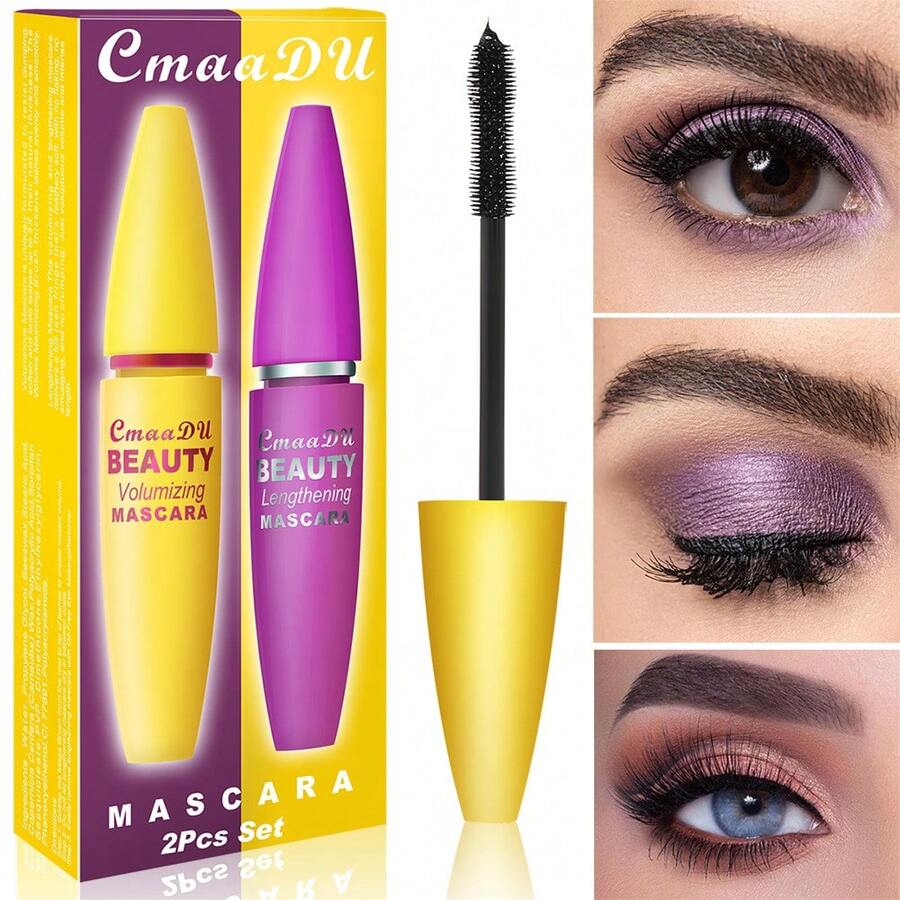 CmaaDu 2Pcs Mascara Set,Volumizing & Lengthening Black Fiber Mascara,Waterproof Smudge-Proof No Clump Curling Eyelash Makeup,Long Lasting Sweat Resistant Eye Cosmetic For Daily Party Women Eye Make Up