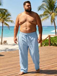 男士大尺碼 1XL-6XL 寬鬆直筒亞麻休閒長褲，夏威夷度假風海灘長褲 - 淺藍色 - 查看 4