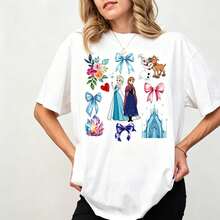 Disney Unisex Oversized T-Shirt, Frozen Elsa Anna Olaf Retro Print, 100% Cotton Short Sleeve, Disney Park Matching Casual Tee - 白色 - 查看 1