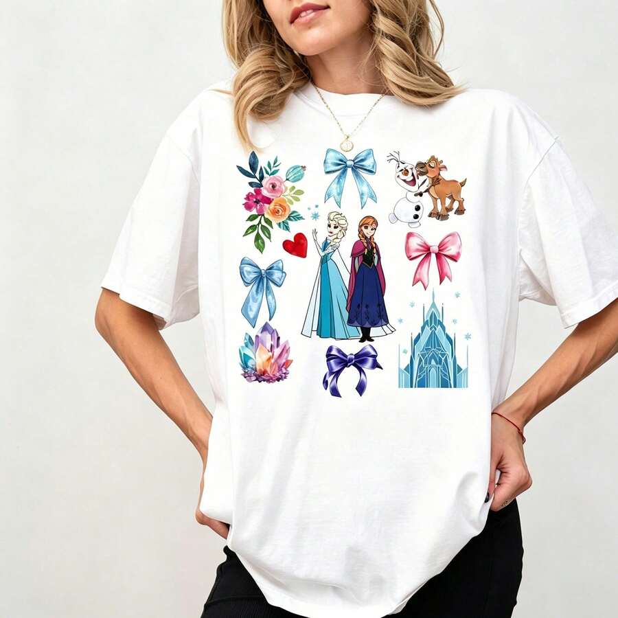 Disney Unisex Oversized T-Shirt, Frozen Elsa Anna Olaf Retro Print, 100% Cotton Short Sleeve, Disney Park Matching Casual Tee - 白色 - 查看 1