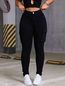 Skinny Cargo Jeans, Blue Wash, Stretchy, With Multiple Pockets, Butt-Lifting Effect, Fitted Cuffs - Black - View 1
