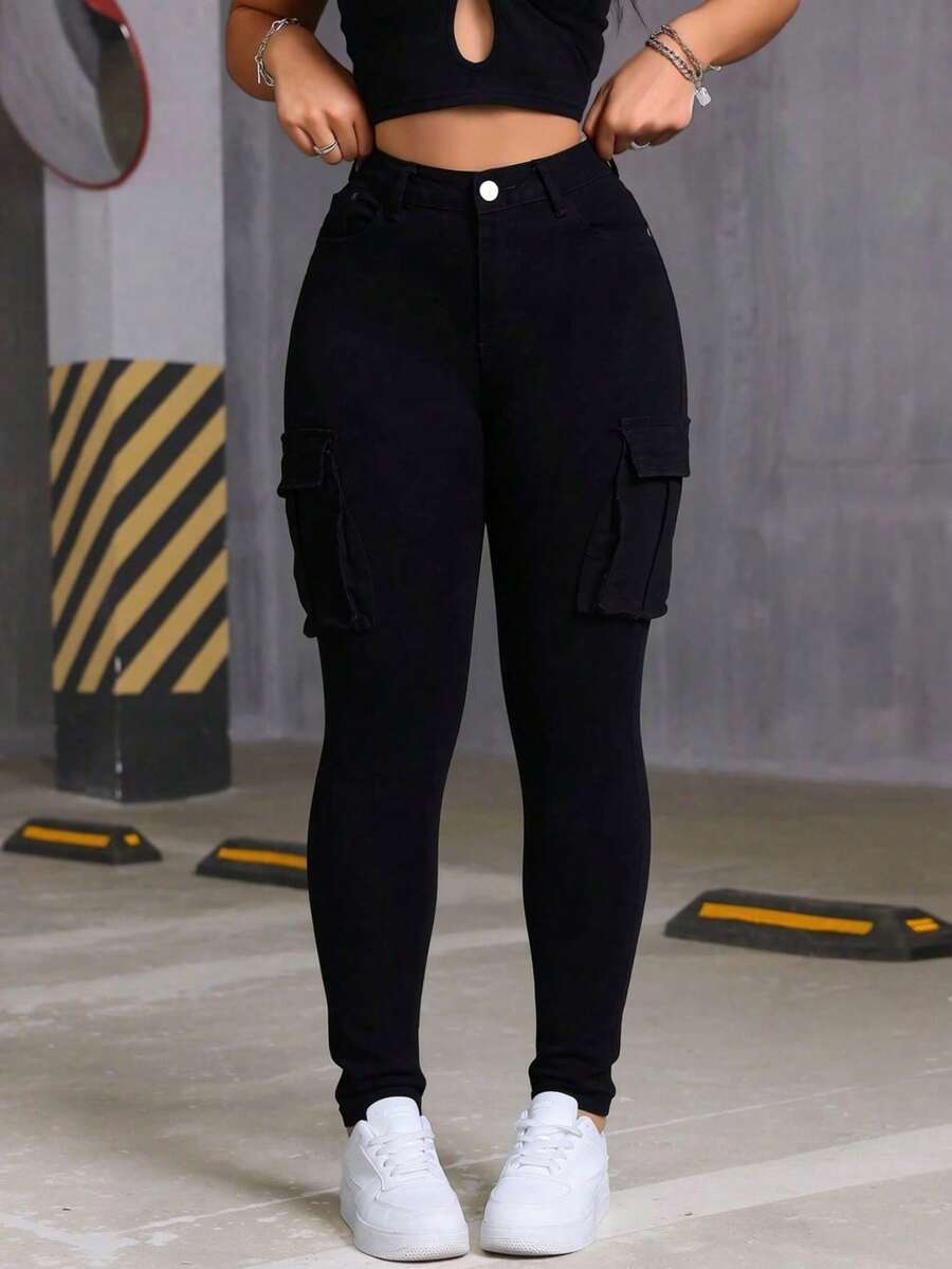 Skinny Cargo Jeans, Blue Wash, Stretchy, With Multiple Pockets, Butt-Lifting Effect, Fitted Cuffs - Black - View 1