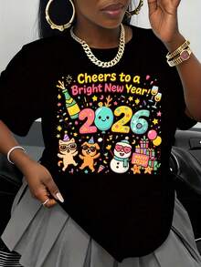 Camiseta Casual de Celebración de Año Nuevo 2026 con Gatos y Muñeco de Nieve para Mujeres, Hombres y Unisex, Regalo Festivo Divertido para la Noche de Año Nuevo - Negro - Ver 1