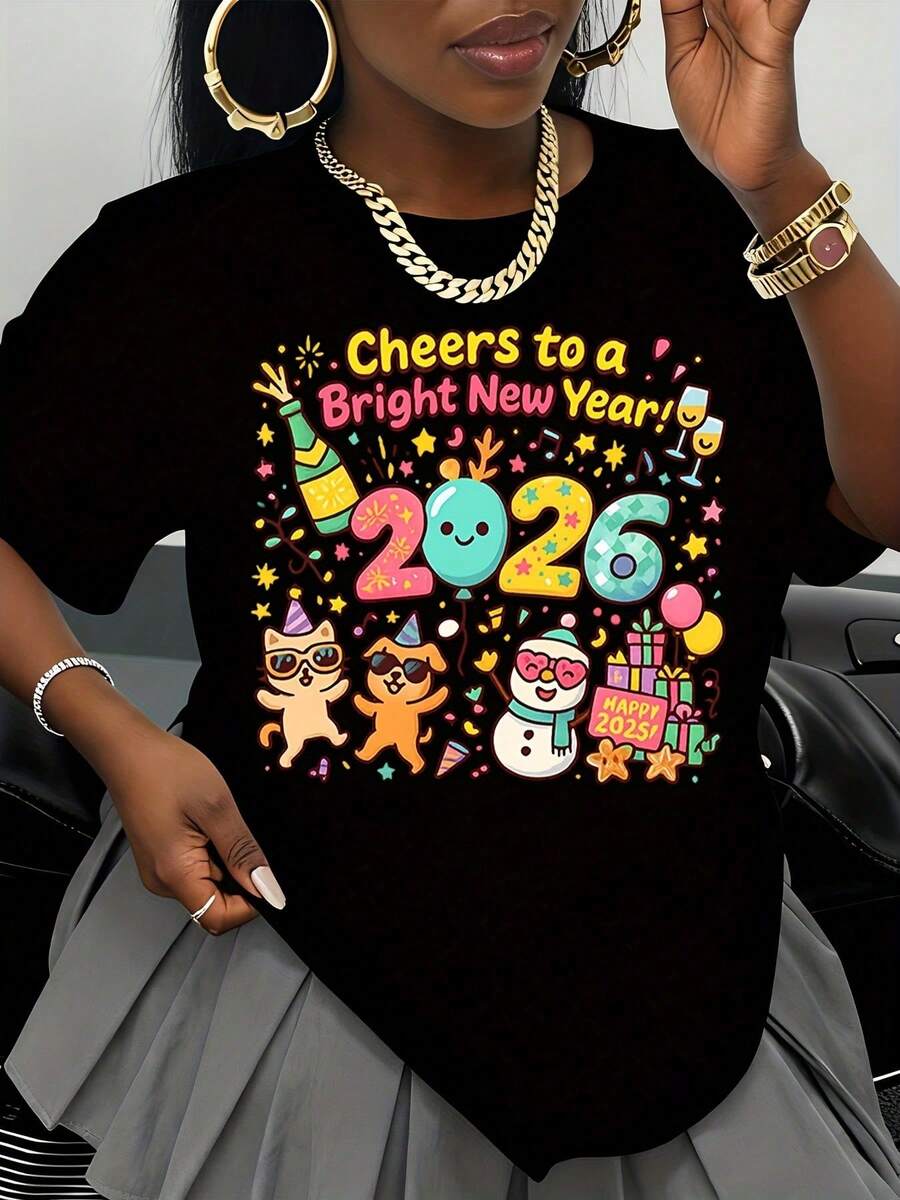 Camiseta Casual de Celebración de Año Nuevo 2026 con Gatos y Muñeco de Nieve para Mujeres, Hombres y Unisex, Regalo Festivo Divertido para la Noche de Año Nuevo - Negro - Ver 1