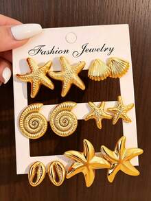 1/6 Pairs Gold-Plated Starfish, Shell, Conch Earrings Set, Women Beach Accessories, Beach Jewelry - Yellow Gold - View 8