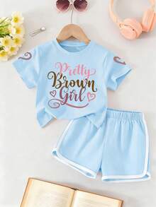 Tween Girl Print Pattern (Pretty Girl, Letter And Heart Pattern) Round Neck T-Shirt + Shorts Summer New Style Daily Comfortable Girls Set - Baby Blue - View 2