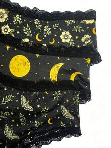 3PCS Women's Briefs, Vintage Floral Moon & Star Print Dark Gothic Lace Patchwork Mid-Waist Panty Set - Multicolor - View 5