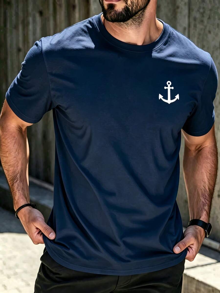Men's Short-Sleeved T-Shirt With A Round Neck And Simple Design - 寶藍色 - 查看 1