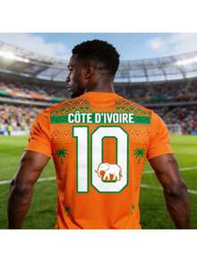 Camiseta de fútbol de manga corta de secado rápido para hombre, talla grande holgada, transpirable, con estampado de tema de fútbol, tótem de elefante y palmera, jugador estrella número 10 de la selección nacional de de Marfil, nueva para el verano 2026, jersey deportivo para fans, ver partidos, fitness, running y uso casual - Multicolor - Ver 2