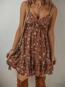 Bohemian Print Cami Dress, Sleeveless Short Layered Ruffle Cami Dress, Plus Size Summer Fashion Vacation Elegant Brown - Brown - View 2