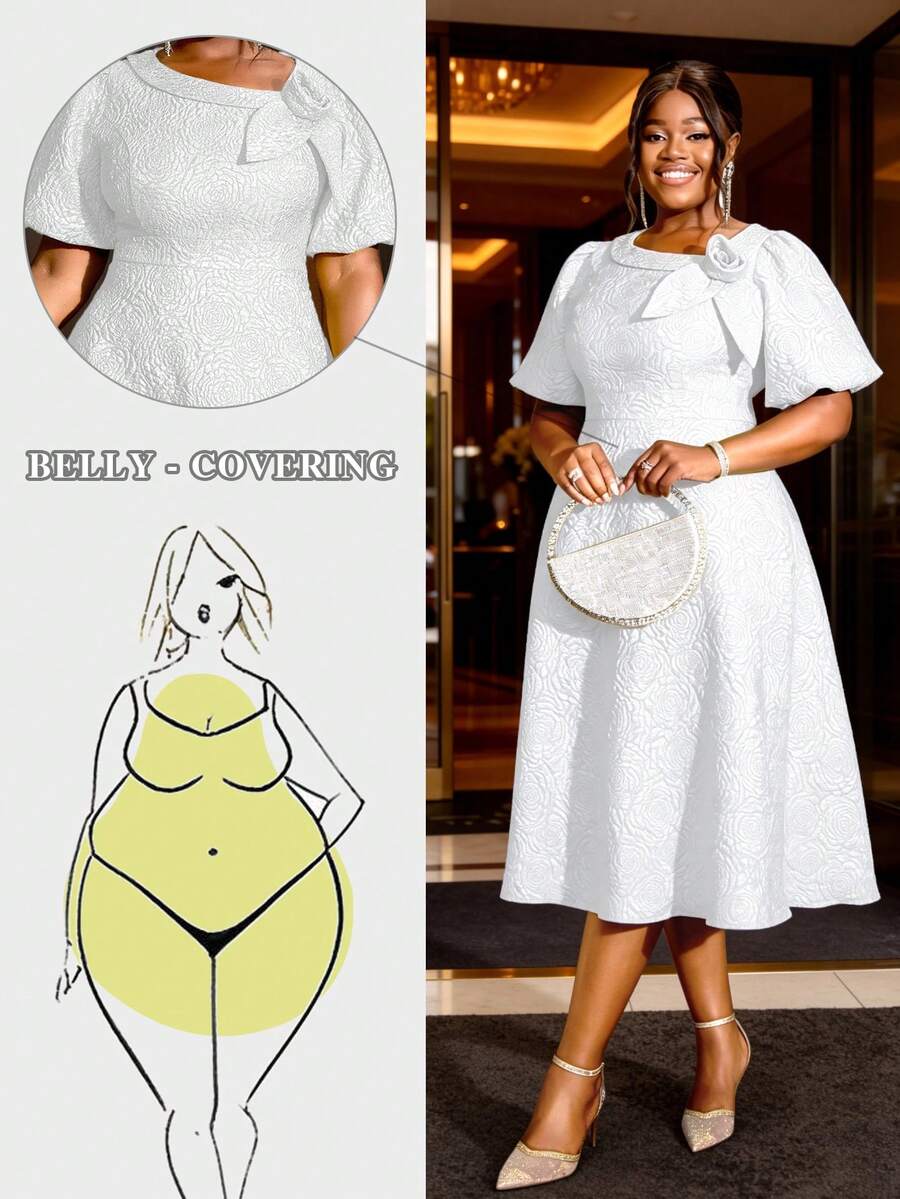 Women's Plus Size White Jacquard Flared Sleeve A-Line Graduation Dress, Elegant Commute Cocktail Party Semi-Formal Prom Birthday Party Dress Wedding