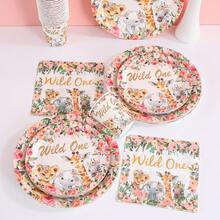 97PCS Wild One Safari Animal Tableware Set, Floral Jungle Theme Party Supplies, Disposable Plates Cups Napkins Kit For Kids Celebration, Family Event, Outdoor Gathering - A - Übersicht 1