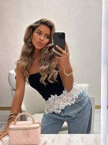 2026 Summer New Women's Elegant Knit Top, Solid Color Bandeau With Lace Patchwork Black - Black - View 8