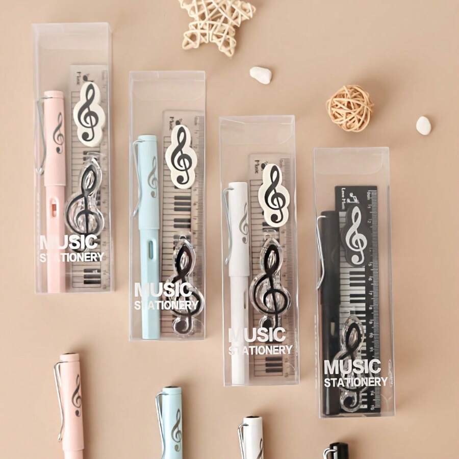Music Style Stationery Set, Eternal Note Pencil, Note Shaped Eraser, Black & White Piano Key Ruler, Music Note Clip 4-In-1 Stationery Gift Box Set, Back To School Supplies, School Supplies, First Day Of School, Without Packaging Box - Multicolor - View 1