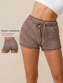 Women's High Waist Plaid Fitness Training Running Shorts, Brown Drawstring Yoga Sports Cycling Shorts - Coffee Brown - View 4