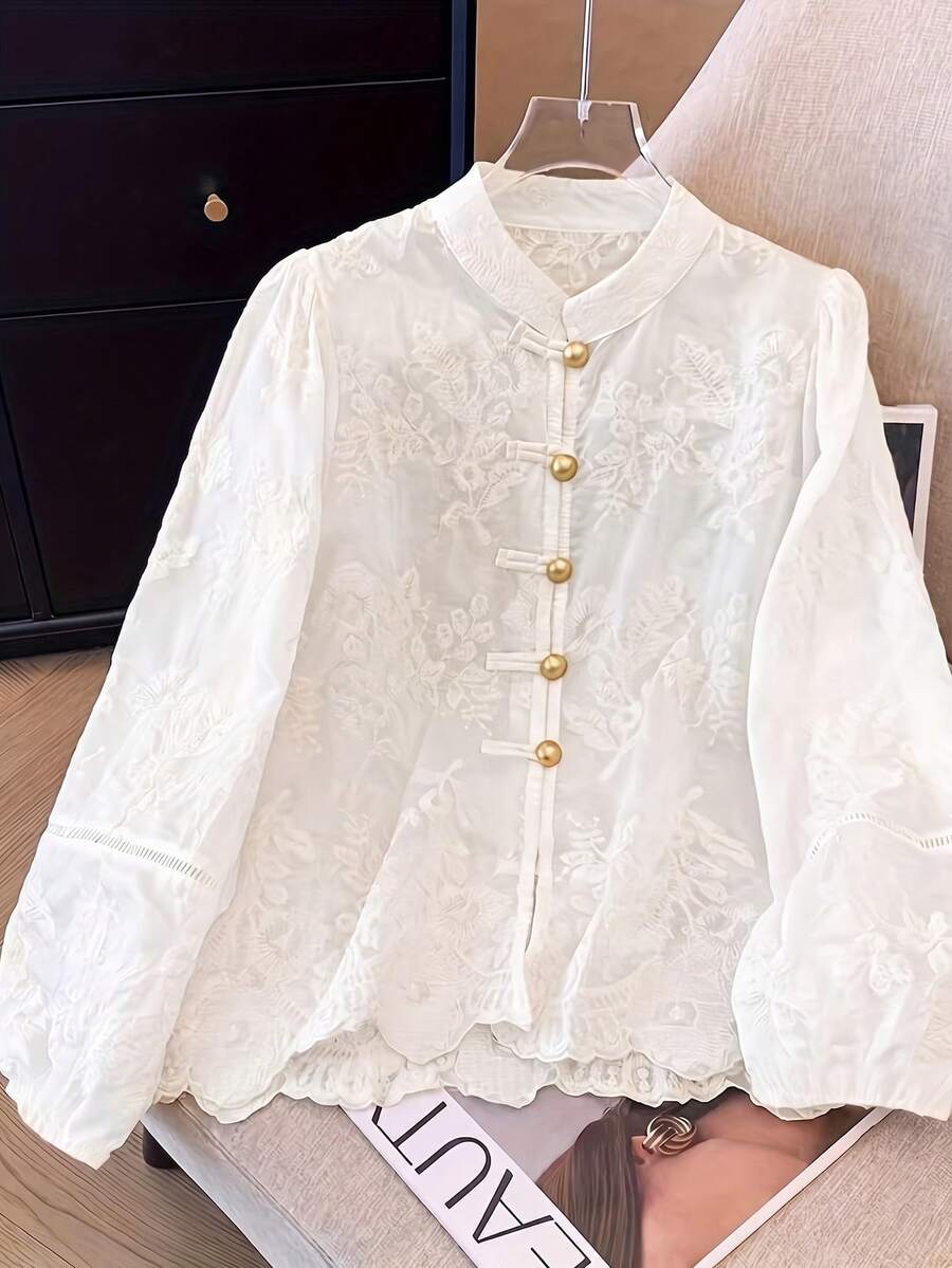ii 女款復古蕾絲刺繡袖口優雅襯衫 白色 - 白色 - 查看 1