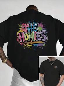HOMIES, nueva camiseta de manga corta para hombre con estampado de doble cara de cultura callejera, estilo casual, deportivo, moderno y holgado, para estudiantes y adolescentes. - Negro - Ver 1