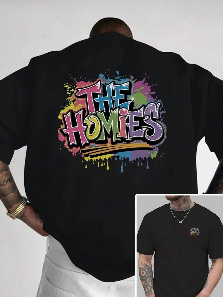 HOMIES, nueva camiseta de manga corta para hombre con estampado de doble cara de cultura callejera, estilo casual, deportivo, moderno y holgado, para estudiantes y adolescentes. - Negro - Ver 1