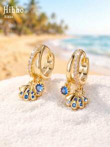 Hihho 1 Pair Ocean Vacation Style Charming Fashion Shell Earrings, Royal Blue Zirconia Accented, Versatile Women's Jewelry Earrings Suitable For Daily, Party, Outing, Holiday Decoration Gift - Seashell Earrings - View 4