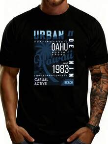 Men's Classic Urban Style T-Shirt, Hawaiian Surf Design On Oahu, Casual Beach Sportswear, Summer Clothing, A Gift For Surfers And Beach Lovers. - 黑色 - 查看 1
