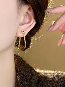 1 Pair Fashionable Maillard Style Faux Tiger Eye Stone Earrings Suitable For Women's Daily And Party Wear - Yellow Gold - View 6