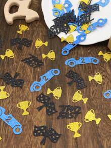100 piezas Confeti de mesa para fiesta de 2º cumpleaños Two Fast Racing, número 2 rojo, coche de carreras, bandera a cuadros y trofeo, decoración dispersa adecuada para la decoración de la fiesta Two Fast Racing para niños - Azul Negro - Ver 2