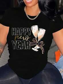 2026 Women's Blouses Plus Size Short Sleeve Casual T-Shirt - Happy New Year Champagne Glasses And Gold Ribbon Graphic Print, Black With Gold And White Design - 黑色 - 查看 1