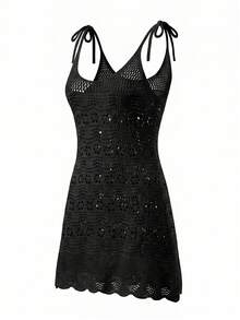 Women's French Crochet Hollow-Out Knitted Summer High-End Seaside Resort Bohemian Sexy Sheer Sleeveless Tie-Up Cover-Up A-Line Mini Dress Beach - Black - View 8