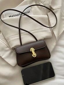 Women's Mini Solid Color PU Crossbody Bag, Vintage Curved Flap Design, Metal Clasp Closure, Adjustable Spaghetti Strap, Fashionable For Daily And Party - Coffee - View 4