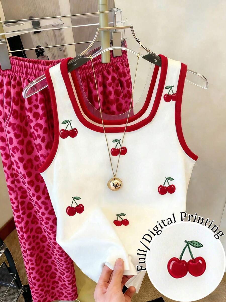 Camiseta de tirantes sin mangas con estampado de cerezas y bloques de color para mujer - Blanco - Ver 1